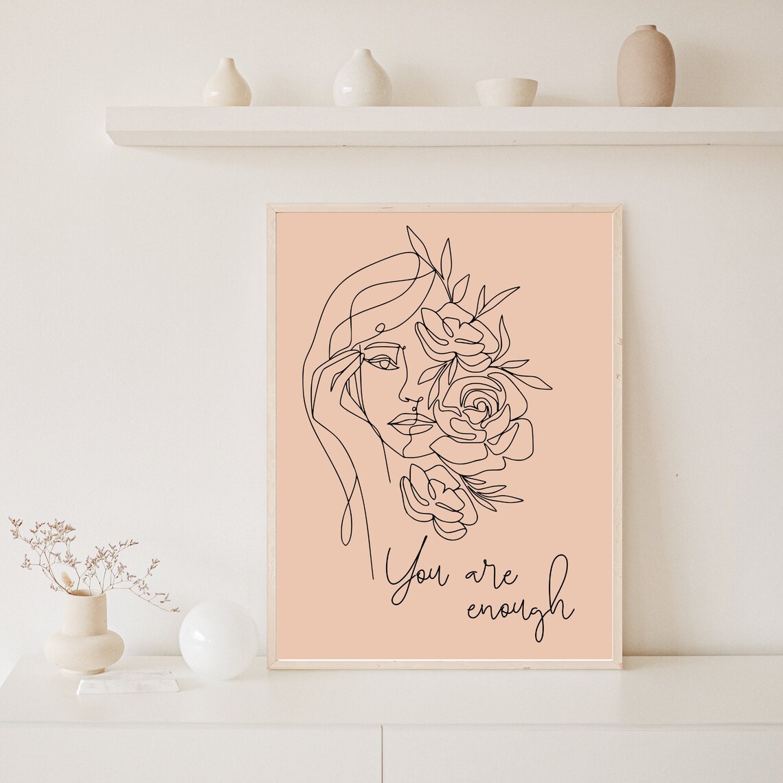 You Are Enough Line Art Woman Peach Floral Minimalist Poster - Image 7