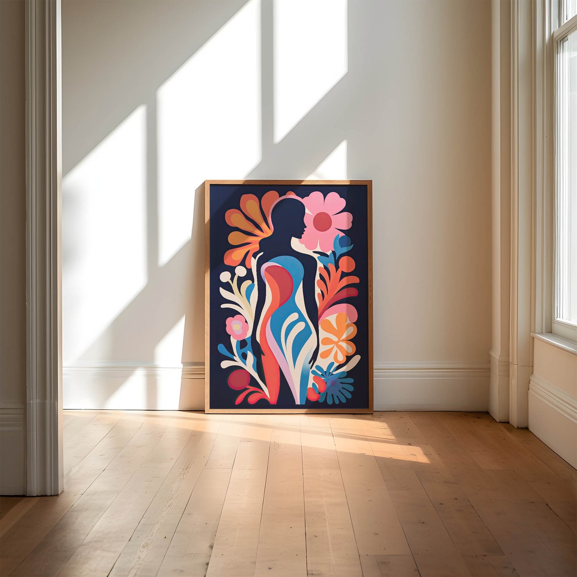 Blue Abstract Female Silhouette with Bold Florals Matisse Style Print - Image 4
