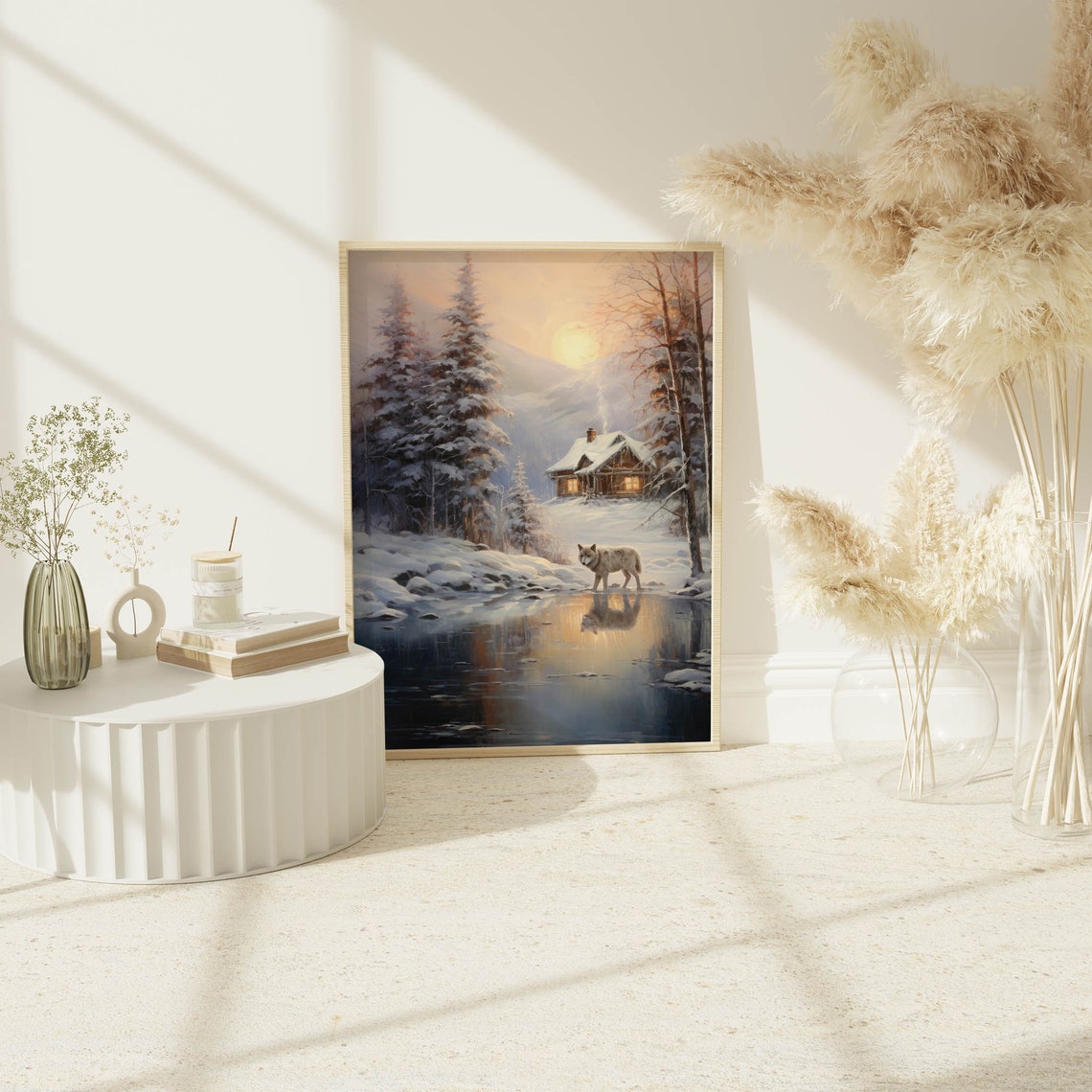 White Wolf by a Winter Stream with Log Cabin Sunset Landscape Poster - Image 3