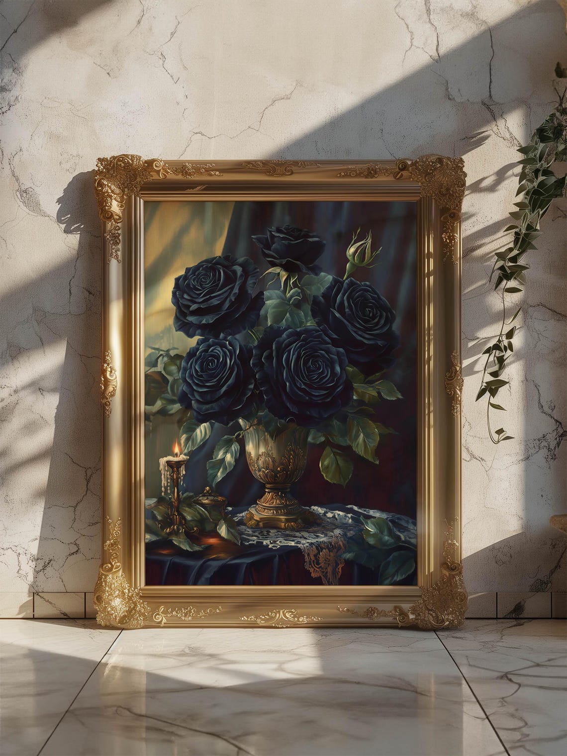 Black Roses Candlelit Still Life Moody Gothic Rose Art Poster - Image 2