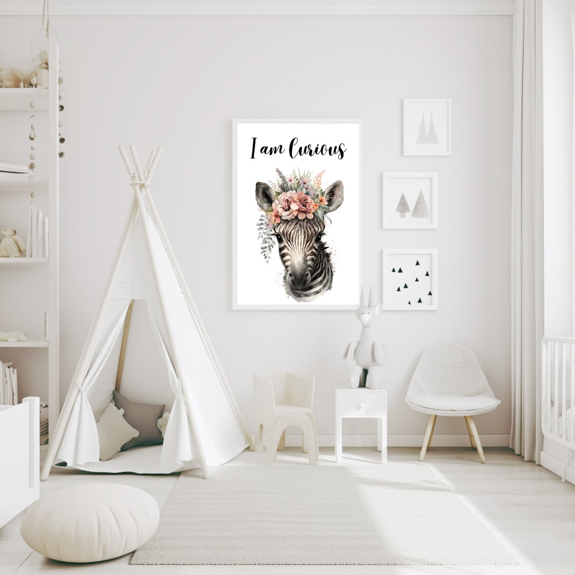 I Am Curious Zebra Flower Crown Nursery Watercolor Art Print - Image 3