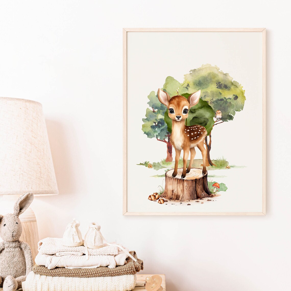Spotted Baby Fawn Tree Stump Watercolor Woodland Nursery Poster - Image 5
