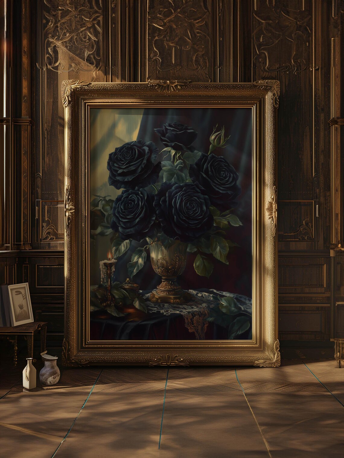 Black Roses Candlelit Still Life Moody Gothic Rose Art Poster - Image 4