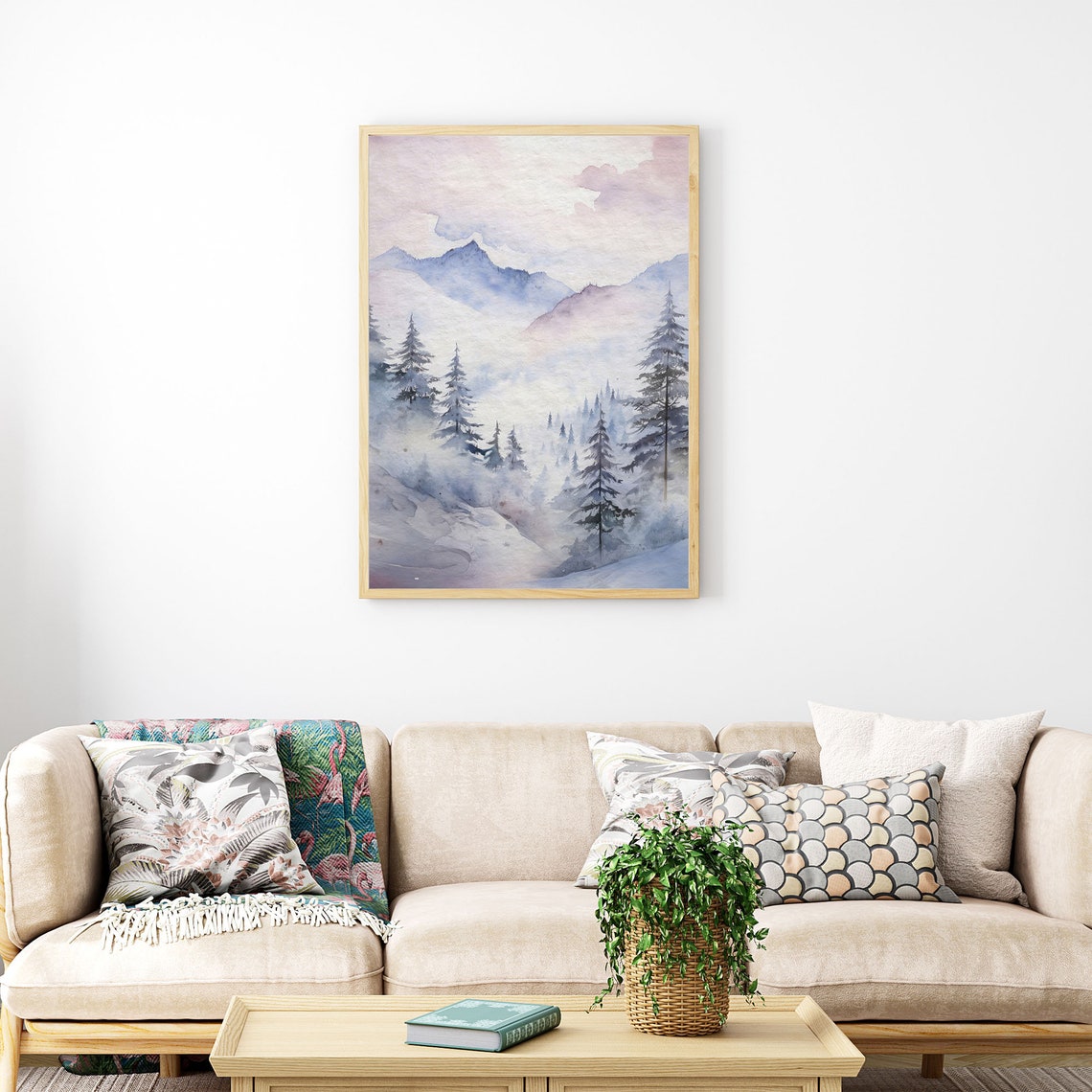 Snowy Mountain Forest Mist Winter Watercolor Landscape Art Print - Image 5