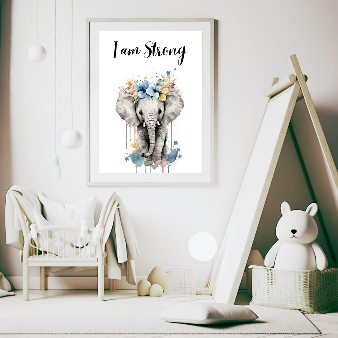 I Am Strong Elephant Flower Crown Nursery Watercolor Art Print - Image 6