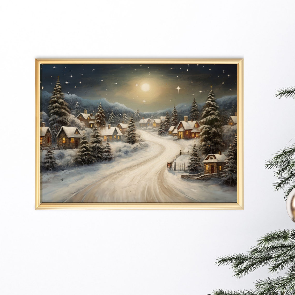 Vintage Christmas Village Wall Art Vintage Christmas Winter Night Wall Art Farmhouse Christmas Decor Xmas Town Painting Xmasv1 - Image 4