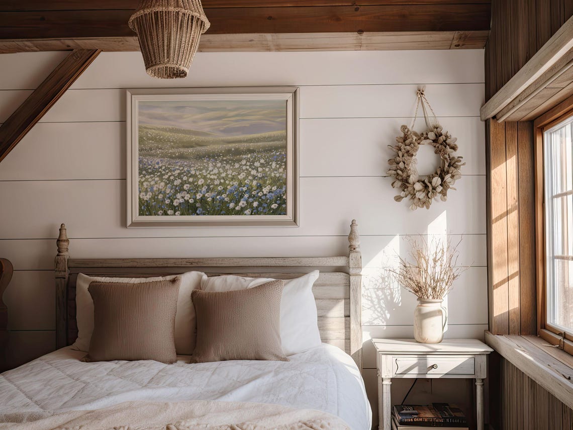 White Blue Wildflower Meadow Golden Hour Country Landscape Art Print - Image 2