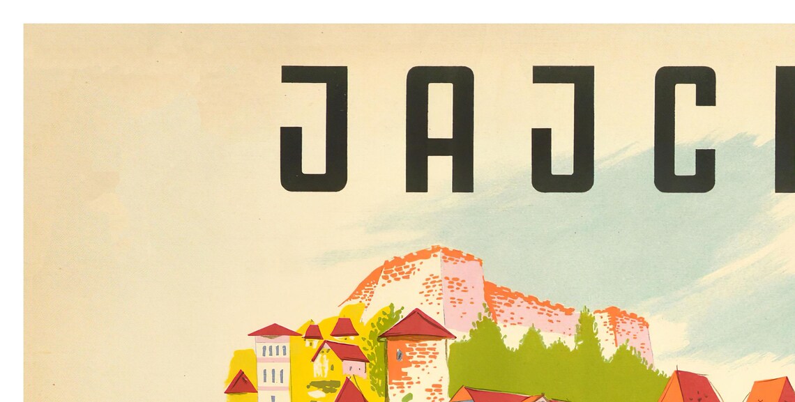 Jajce Bosnia Vintage Waterfall Old Town Fortress Travel Poster - Image 2
