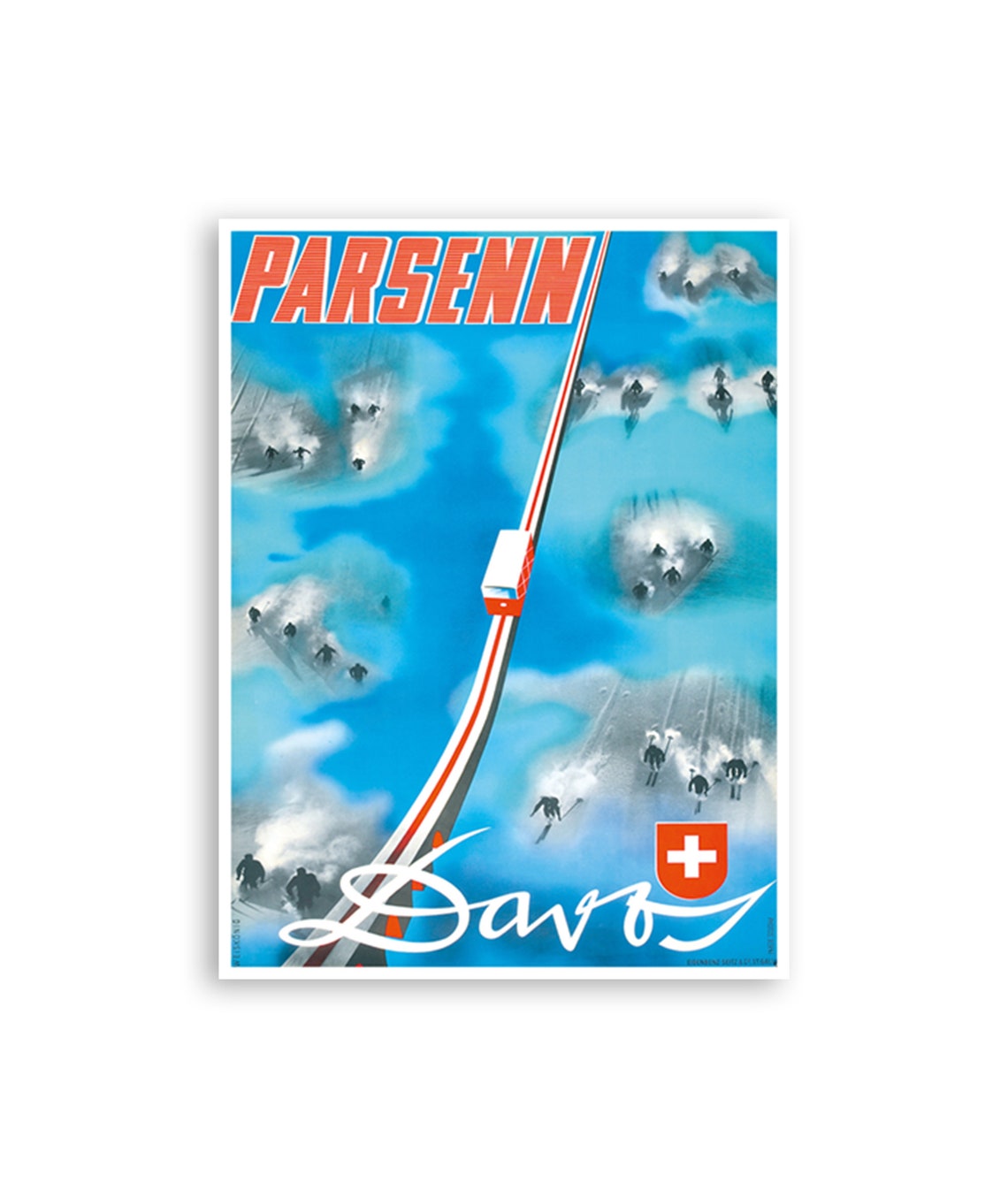 Parsenn Davos Vintage Swiss Ski Lift Aerial Tramway Art Poster