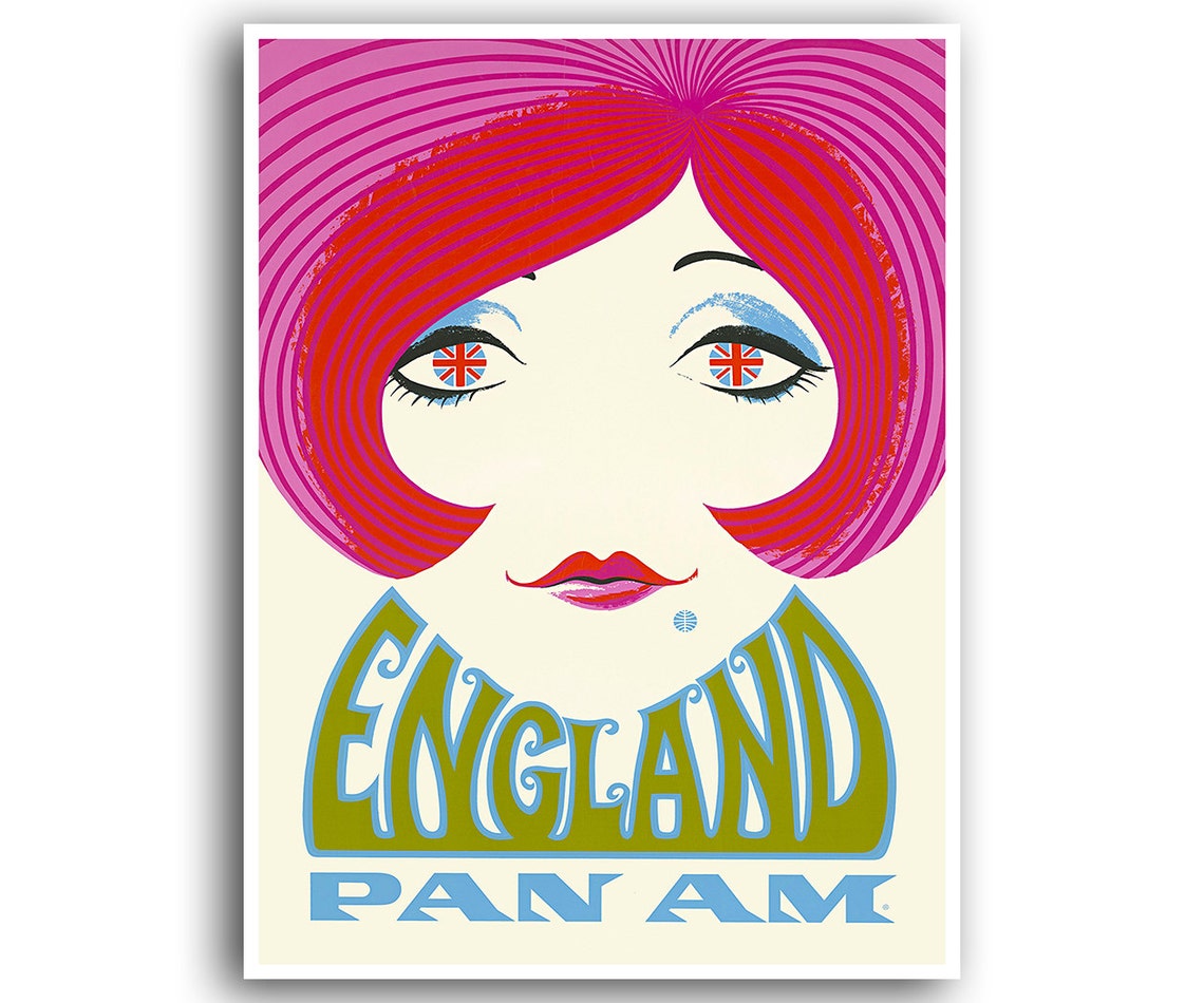 England Pan Am Vintage Airline Poster Pop Art Face Union Jack Eyes