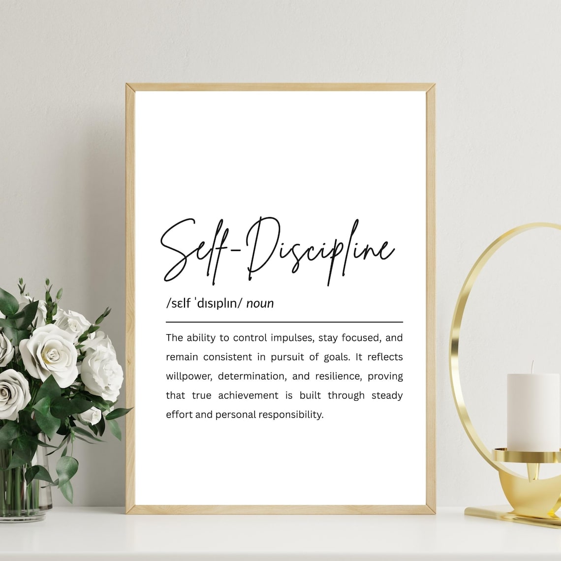 Self-Discipline Definition Minimalist Typography Noun Dictionary Wall Art