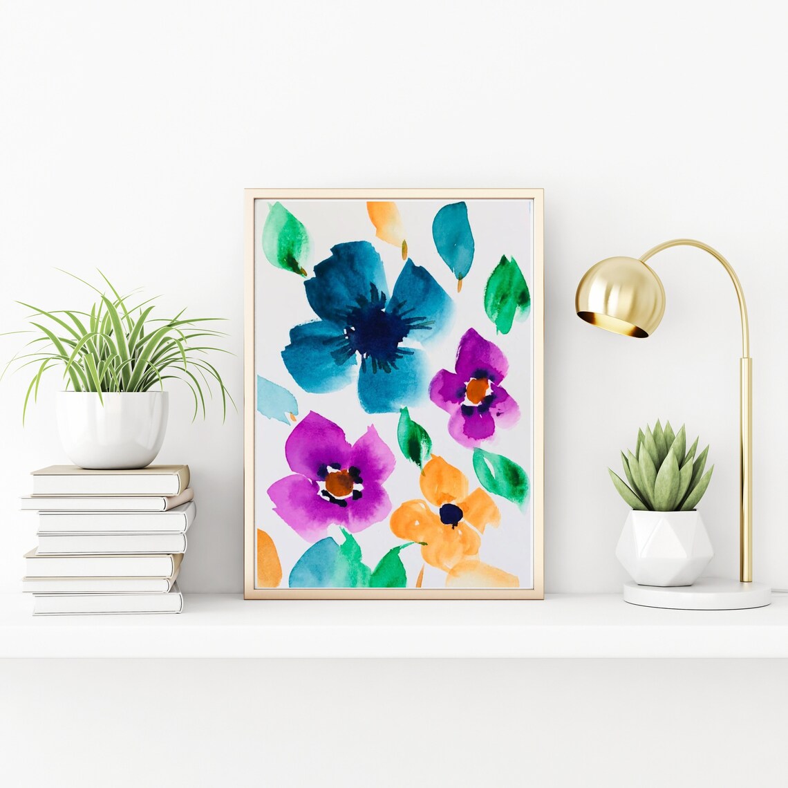 Vivid Blue Purple Orange Watercolor Floral Garden Bloom Poster