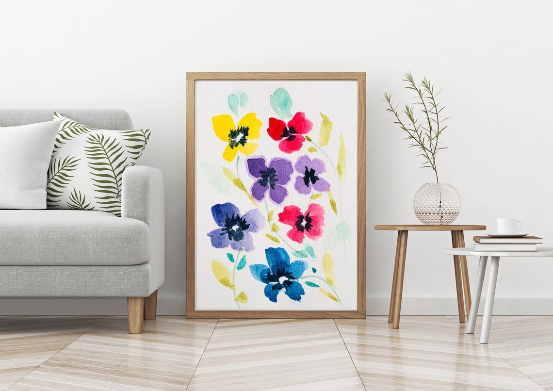 Cheerful Colorful Watercolor Poppy Bouquet Floral Wall Poster