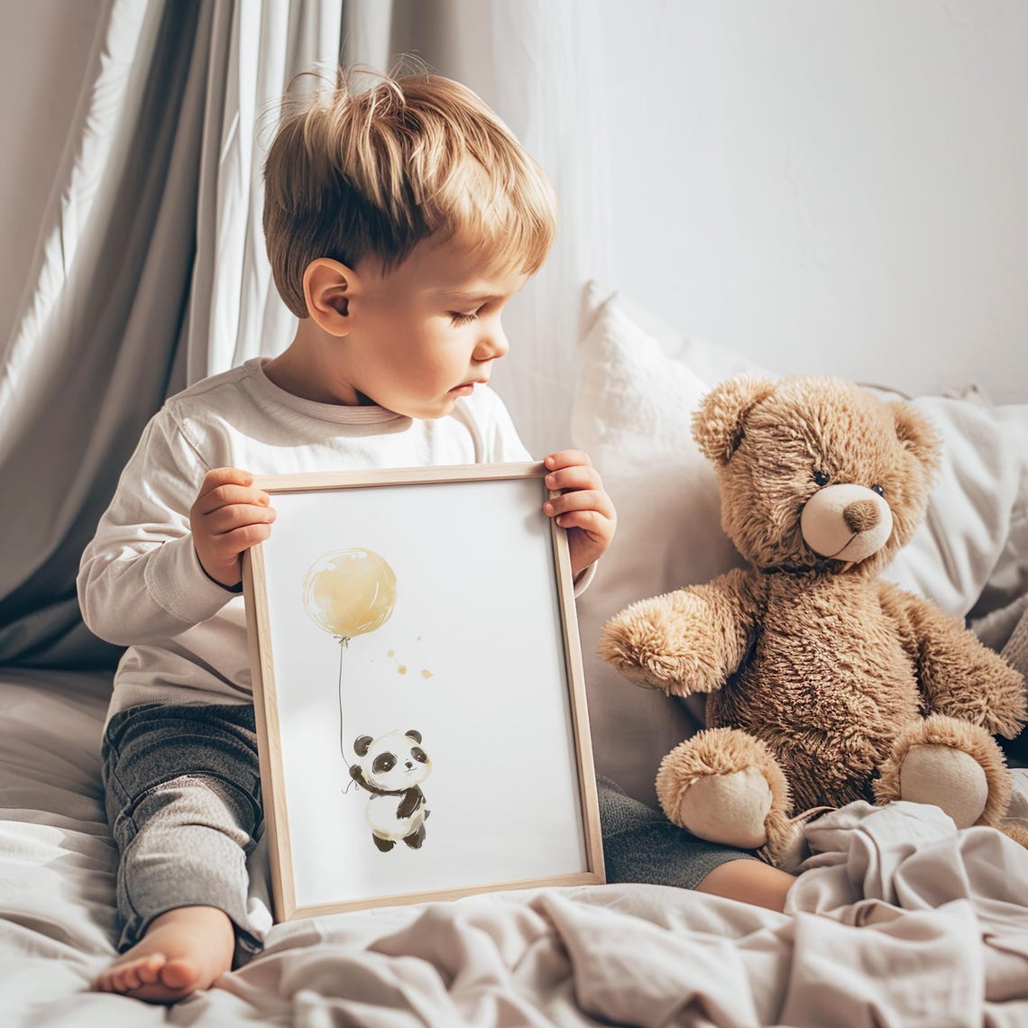 Floating Baby Panda with a Beige Balloon in Soft Watercolor Poster - Image 3