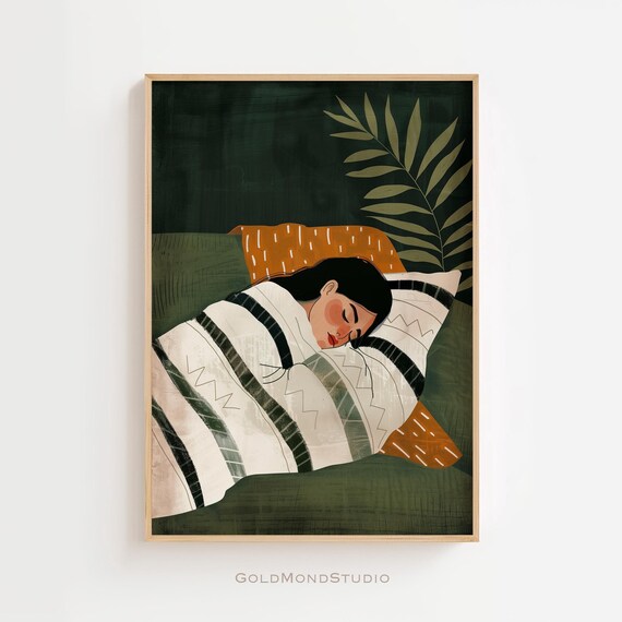 Sleeping Woman In Striped Top Among Dark Green Plants Poster