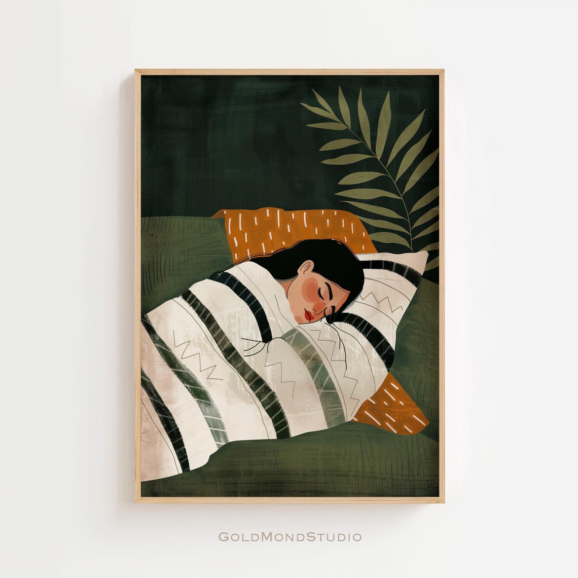 Sleeping Woman In Striped Top Among Dark Green Plants Poster