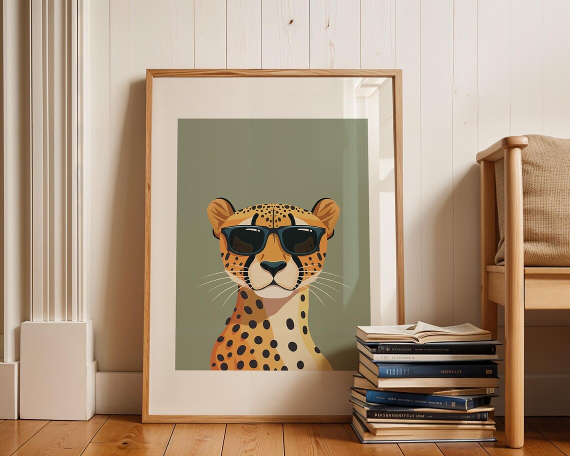 Cool Cheetah Wearing Black Sunglasses on a Sage Green Background Poster - Image 3