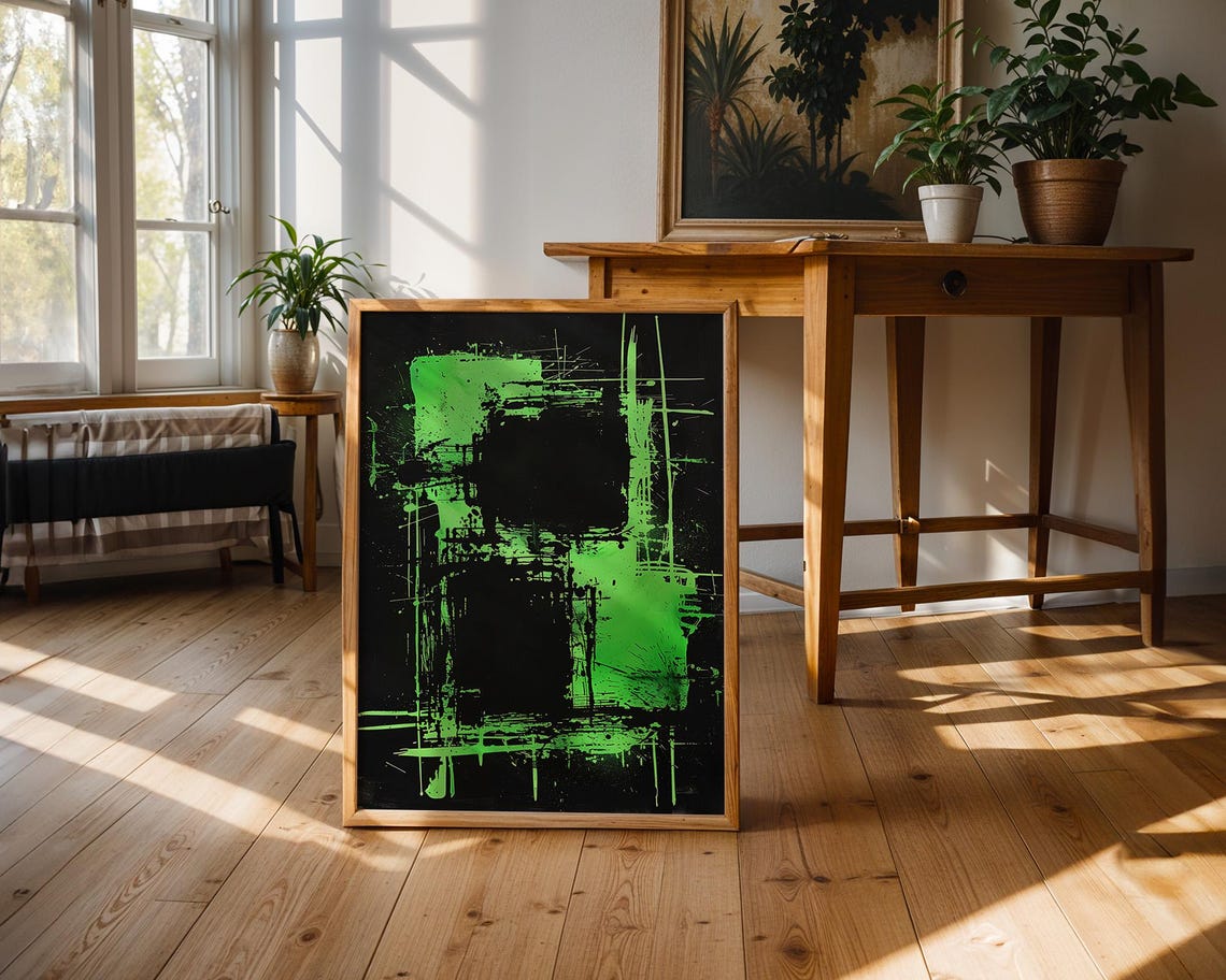 Bold Neon Green And Black Abstract Expressionist Painting Poster - Image 2