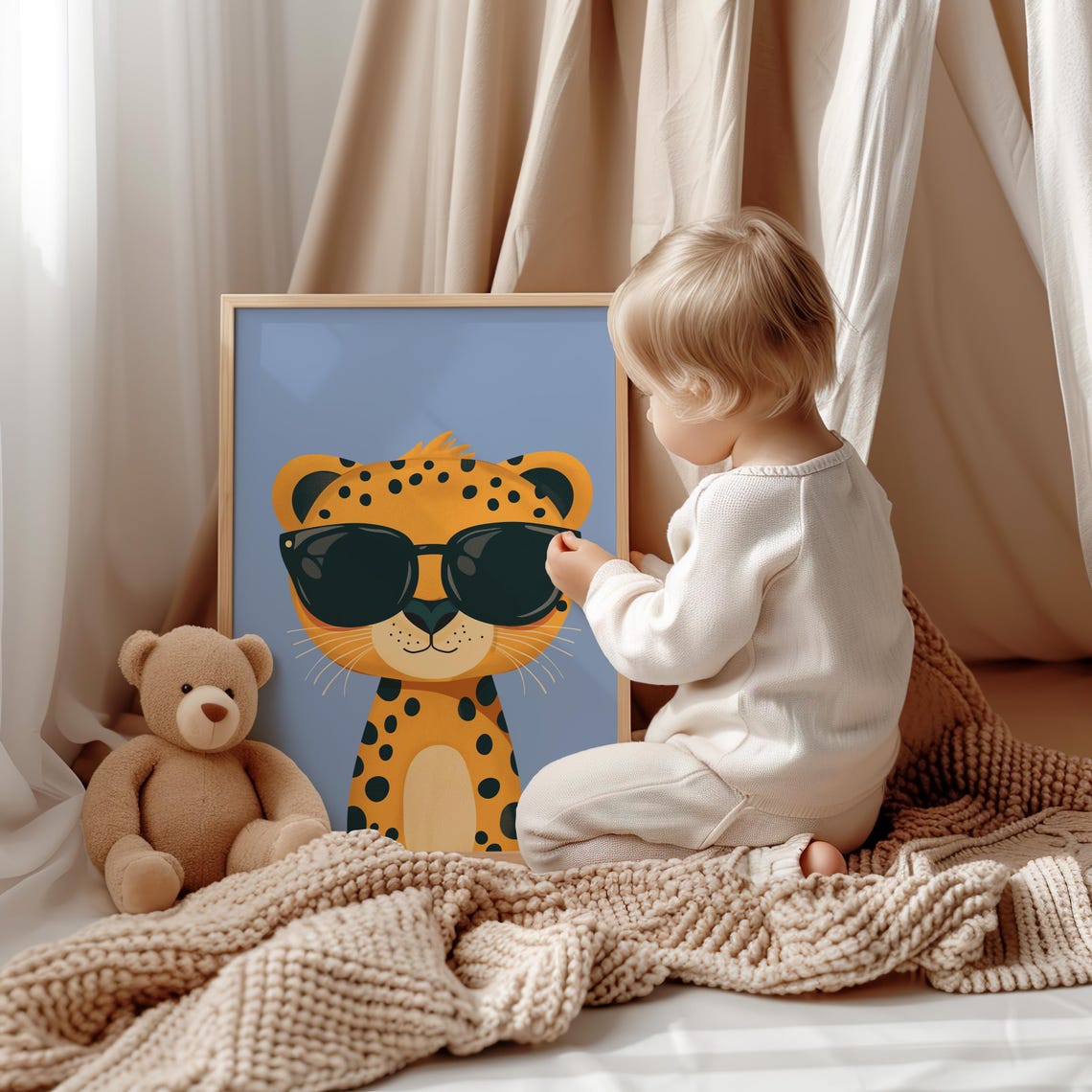 Cute Baby Cheetah Cub with Oversized Sunglasses on Blue Poster - Image 3