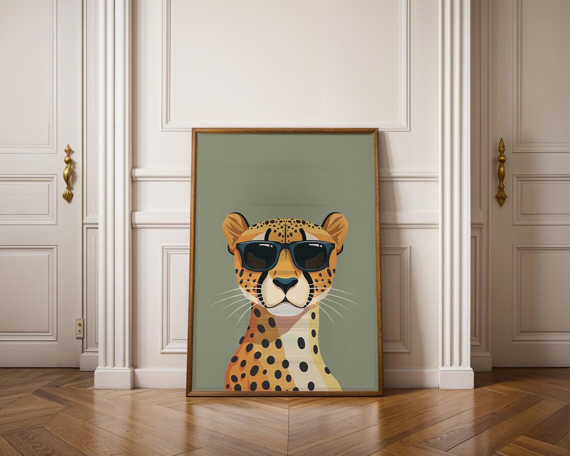 Cool Cheetah Wearing Black Sunglasses on a Sage Green Background Poster - Image 2