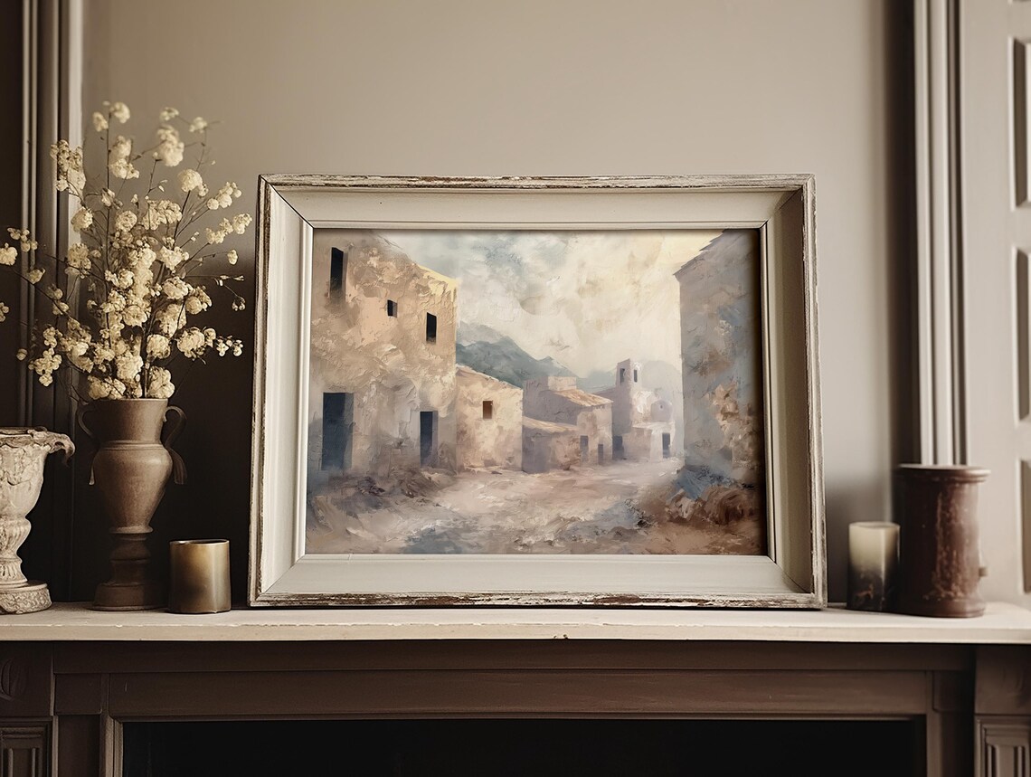 Sunlit Mediterranean Stone Village Street Vintage Painting Poster - Image 3