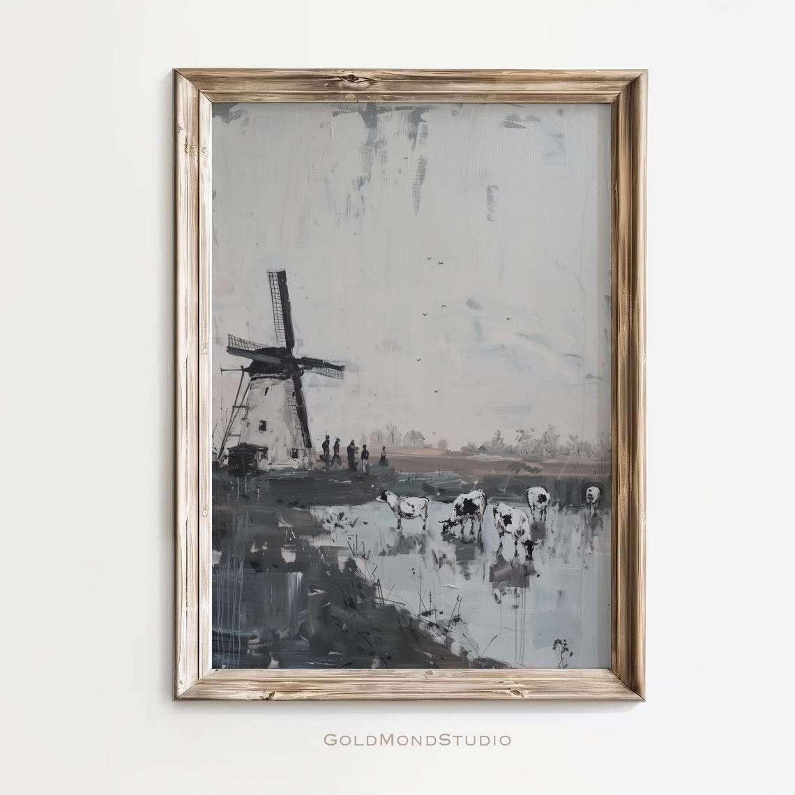 Dutch Windmill With Cows Oil Painting Style Grey Landscape Poster