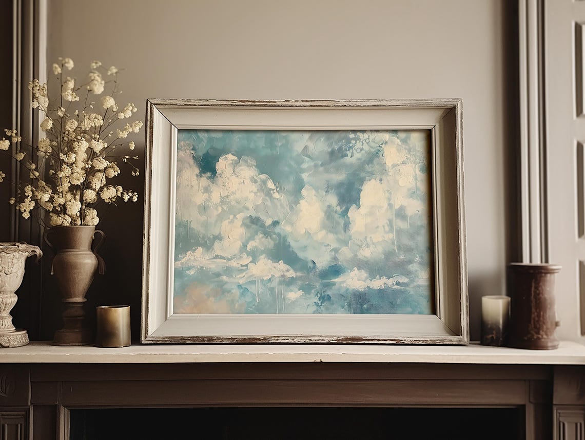 Teal Sky Billowing Clouds Impressionist Sky Fine Art Wall Poster - Image 3