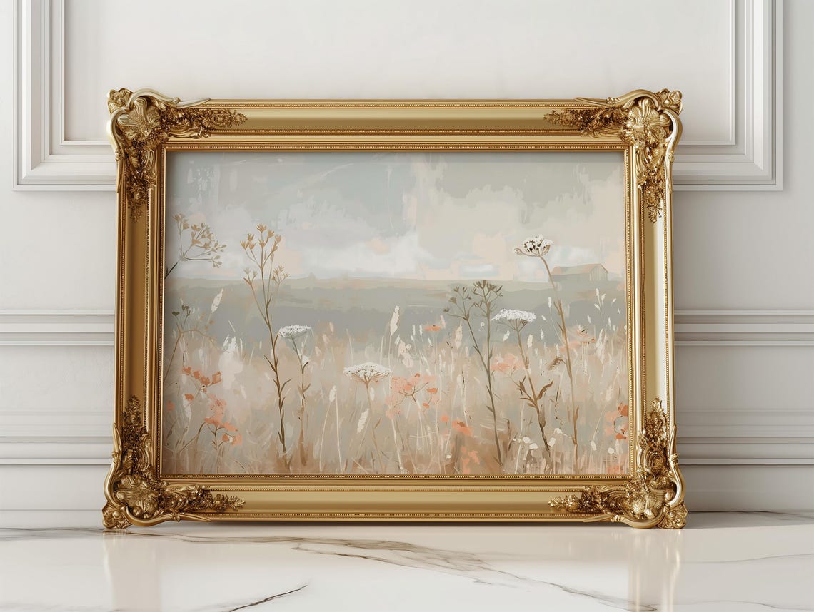 Soft Wildflower Meadow Beige Vintage Style Landscape Wall Poster - Image 2