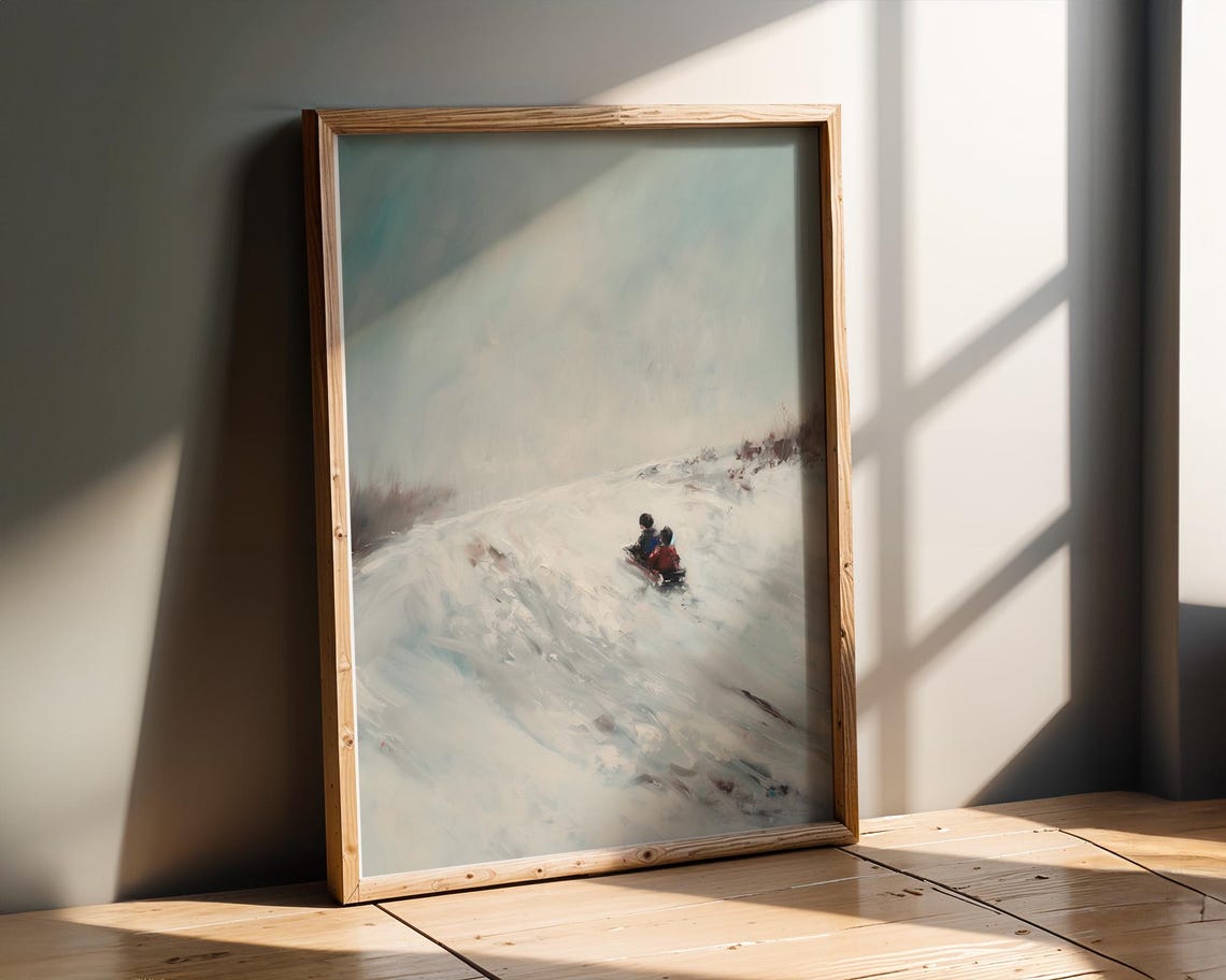 Joyful Two Children Sledding Down Snowy Hill Painting Poster - Image 2