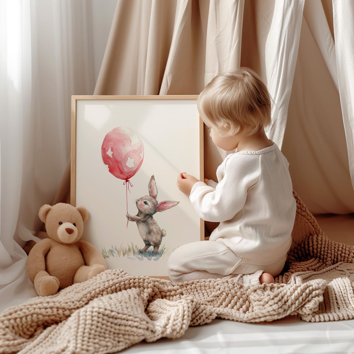 Baby Bunny Red Balloon Watercolor Cute Nursery Decor Wall Poster - Image 2