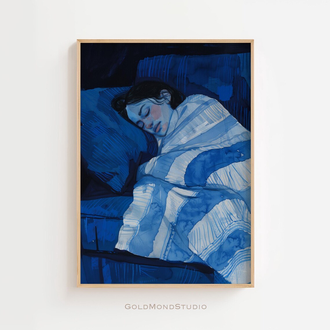 Sleeping Woman in Monochrome Blue Watercolor with Striped Blanket Poster