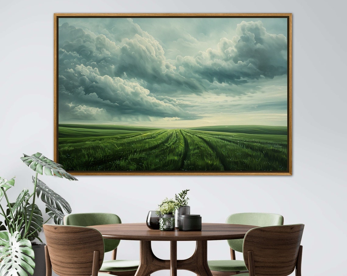 Green Wheat Field Dramatic Cloudy Sky Peaceful Countryside Poster