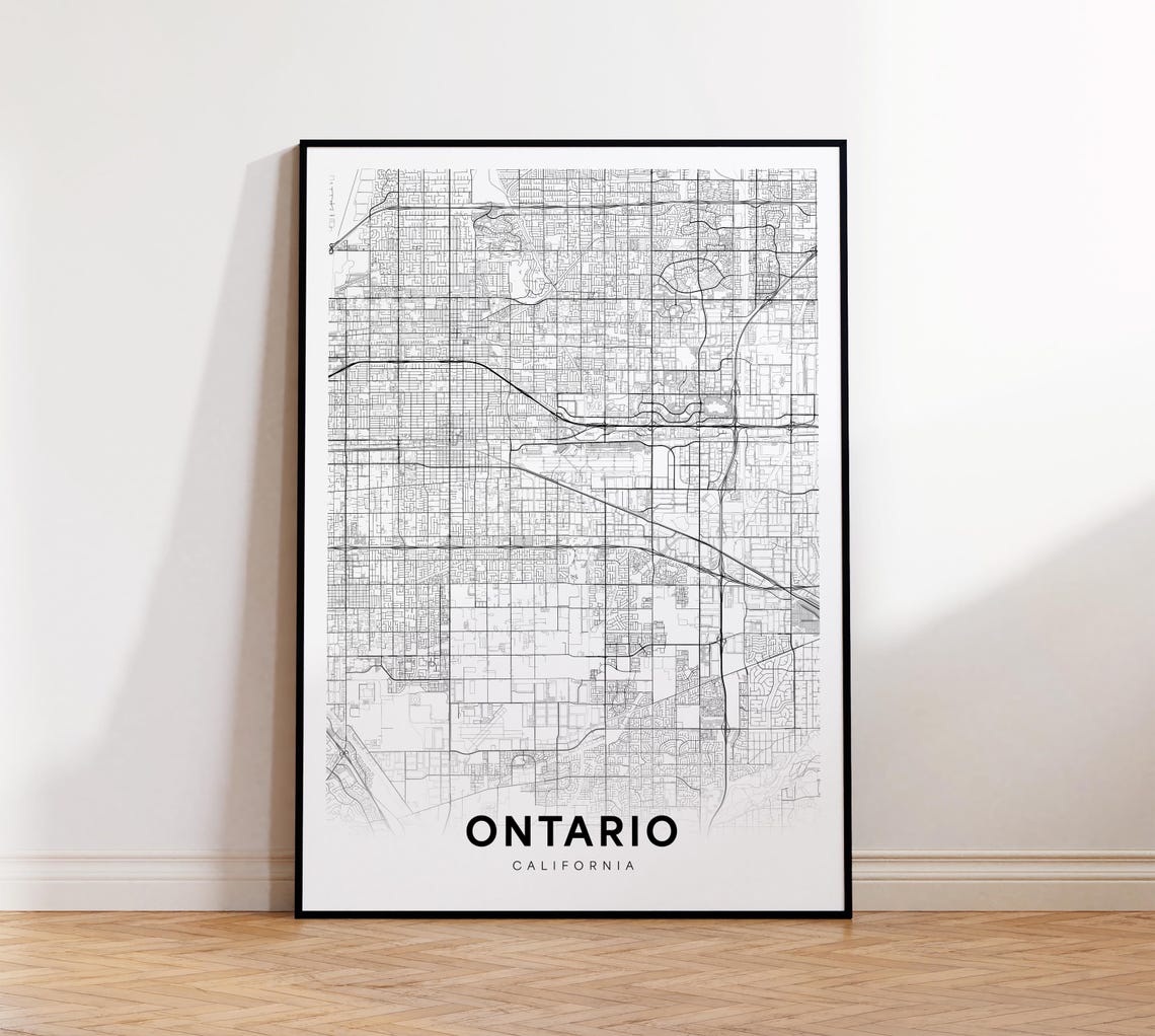 Ontario California Minimalist Black White Line Street Map Poster