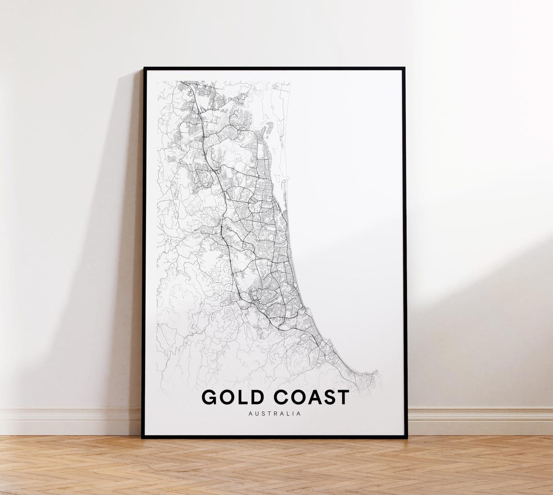 Gold Coast Map Print Street Poster Australia Art Road Minimalist City Home Wall