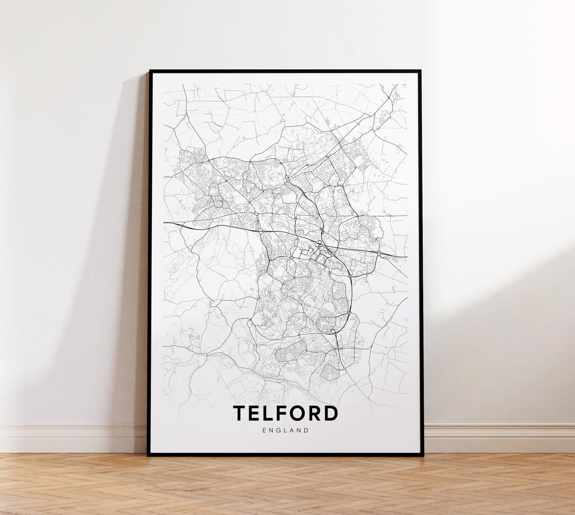 Telford England Black And White Minimalist City Street Map Poster
