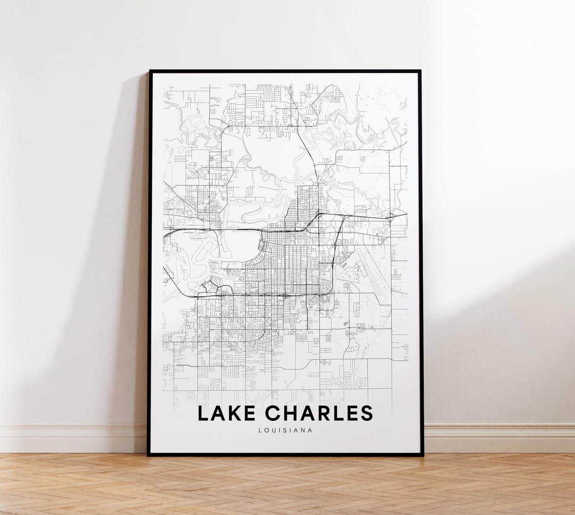 Lake Charles Louisiana Minimalist Black White City Map Street Poster