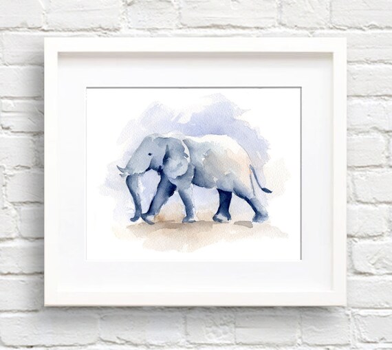Blue Grey Baby Elephant Watercolor Nursery Animal Decor Poster