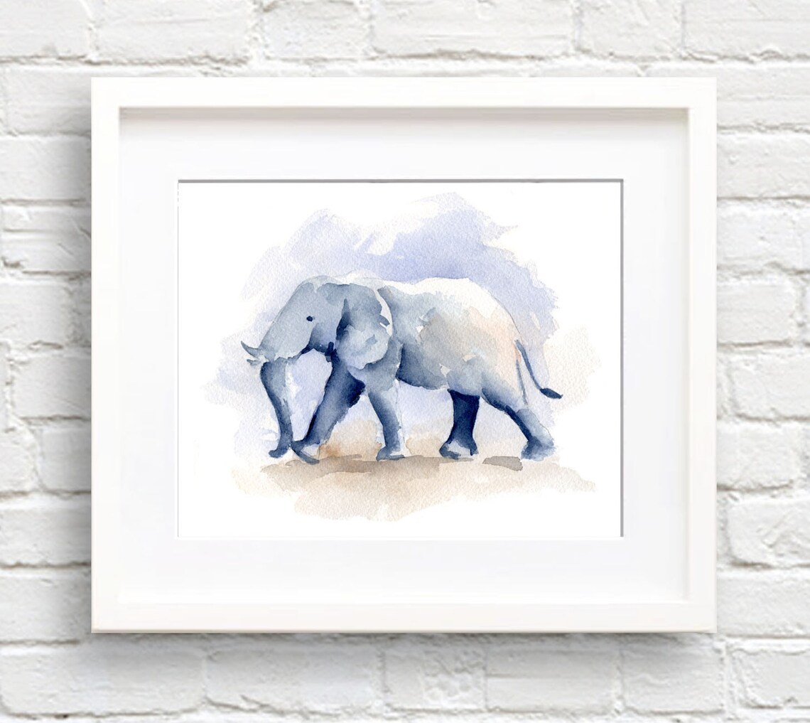 Blue Grey Baby Elephant Watercolor Nursery Animal Decor Poster