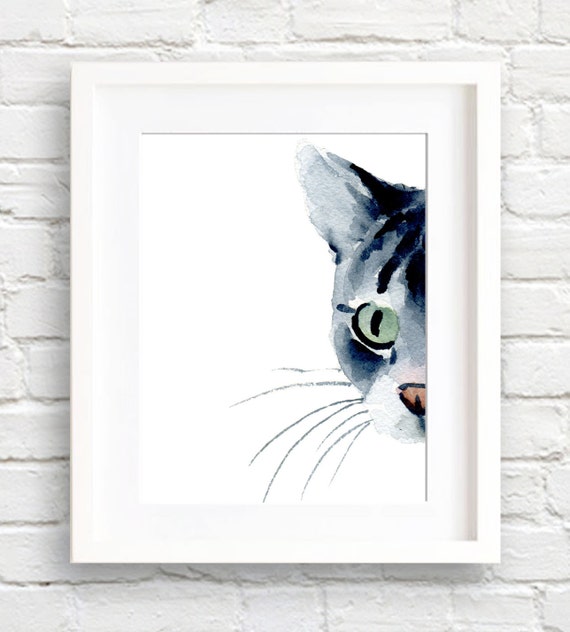 Grey Tabby Cat Watercolor Art Print, Animal Wall Decor