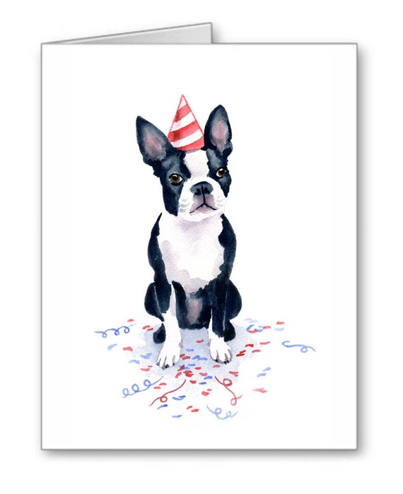 Boston Terrier Watercolor Birthday Note Cards, 6 Pack