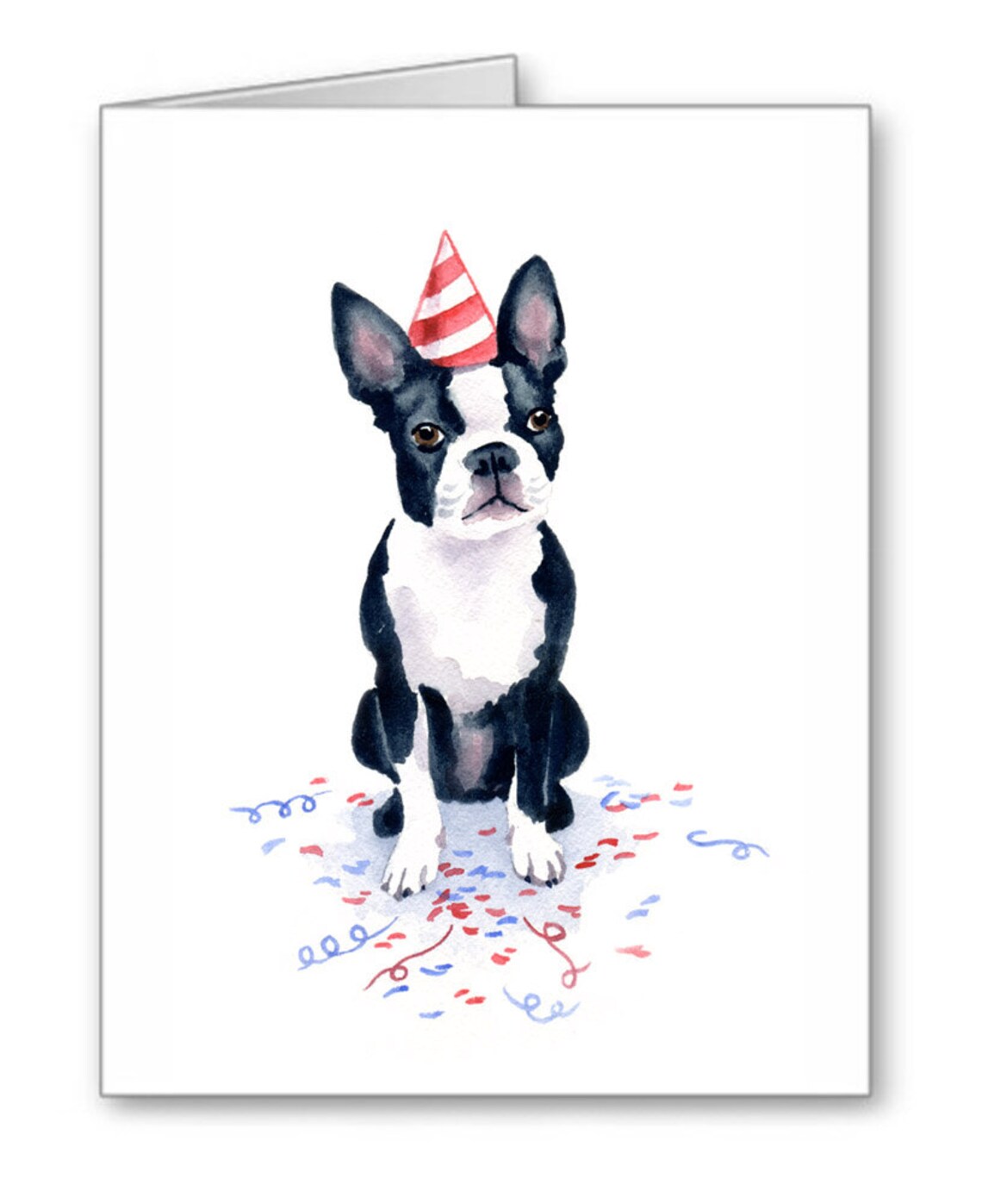 Boston Terrier Watercolor Birthday Note Cards, 6 Pack
