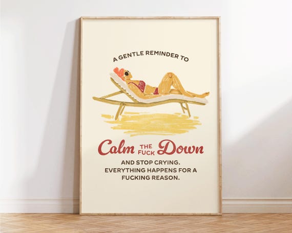 Calm The Fuck Down Retro Wall Art Funny Bedroom Trendy Apartment Decor Summer Illustration Print Beach Poster Preppy Quotes
