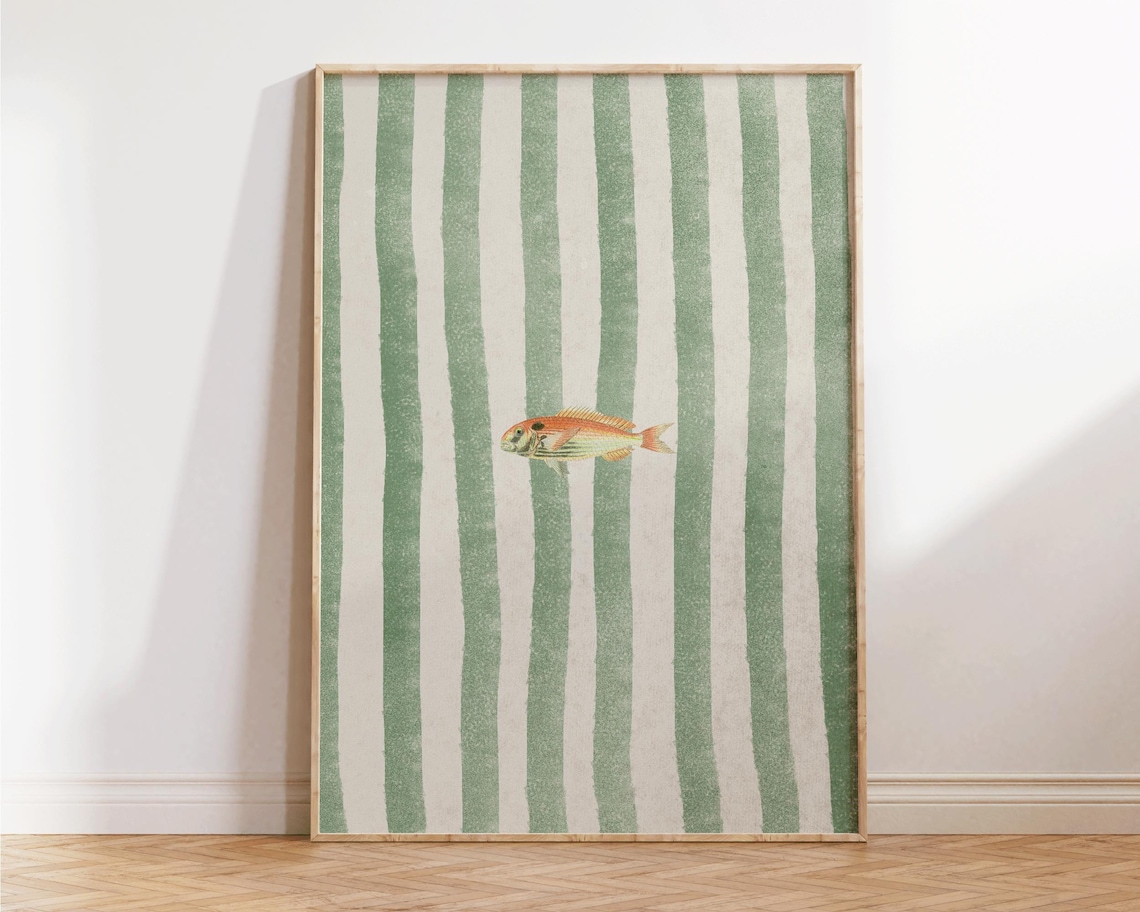 Lone Orange Fish Green Striped Vintage Coastal Illustration Print