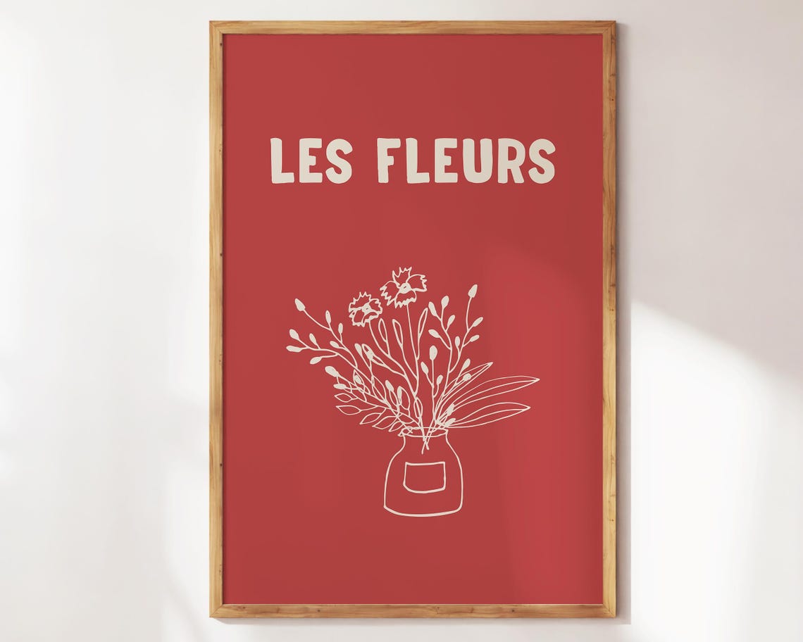Les Fleurs Maroon Botanical White Line Art Floral Wall Poster