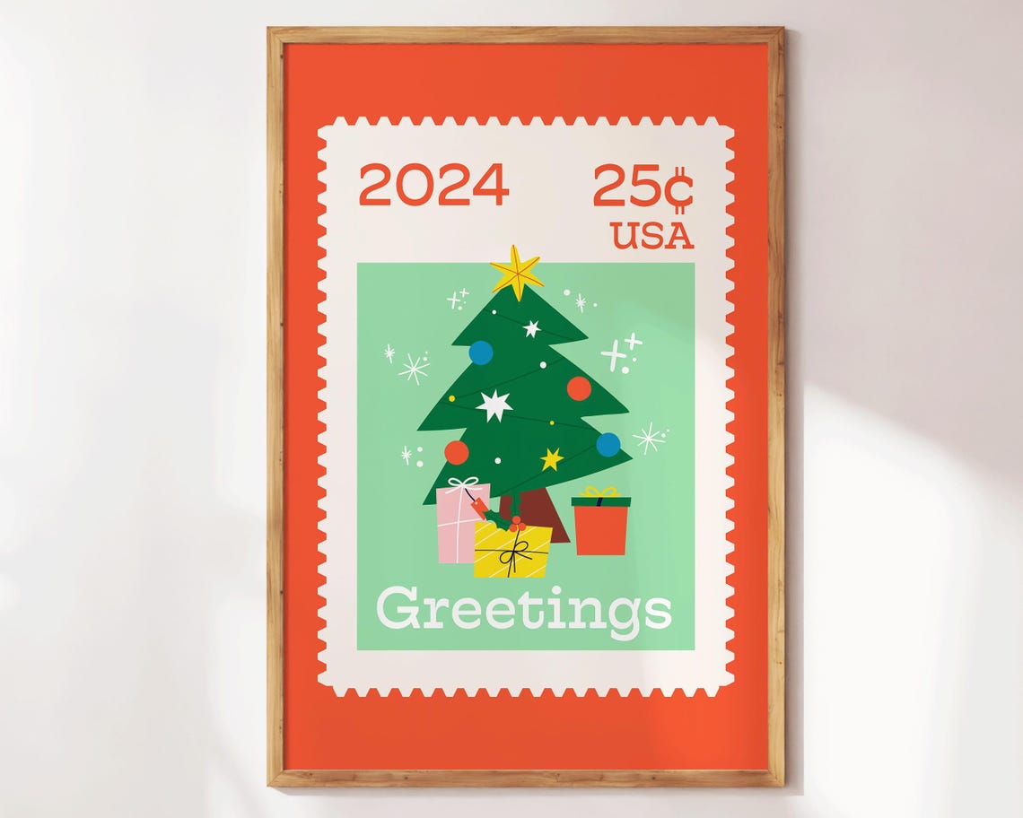 2024 USA 25c Christmas Tree Postage Stamp Greetings Art Poster
