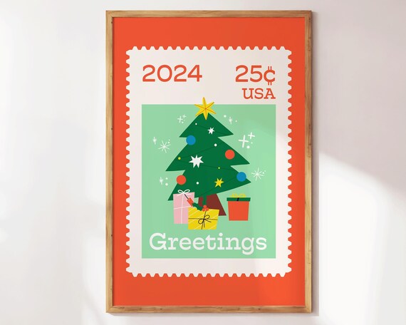 2024 USA 25c Christmas Tree Postage Stamp Greetings Art Poster