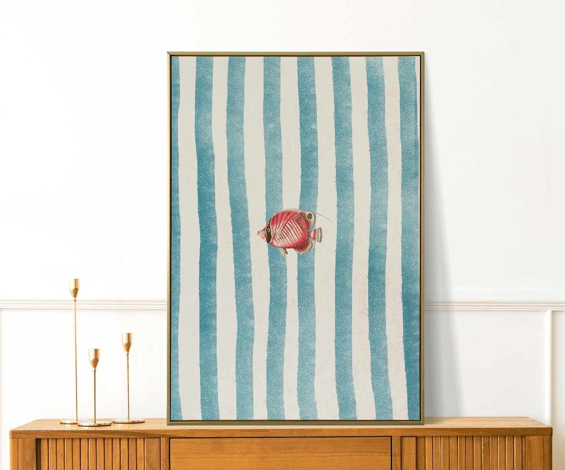 Lone Red Fish Teal Striped Retro Minimalist Illustration Print
