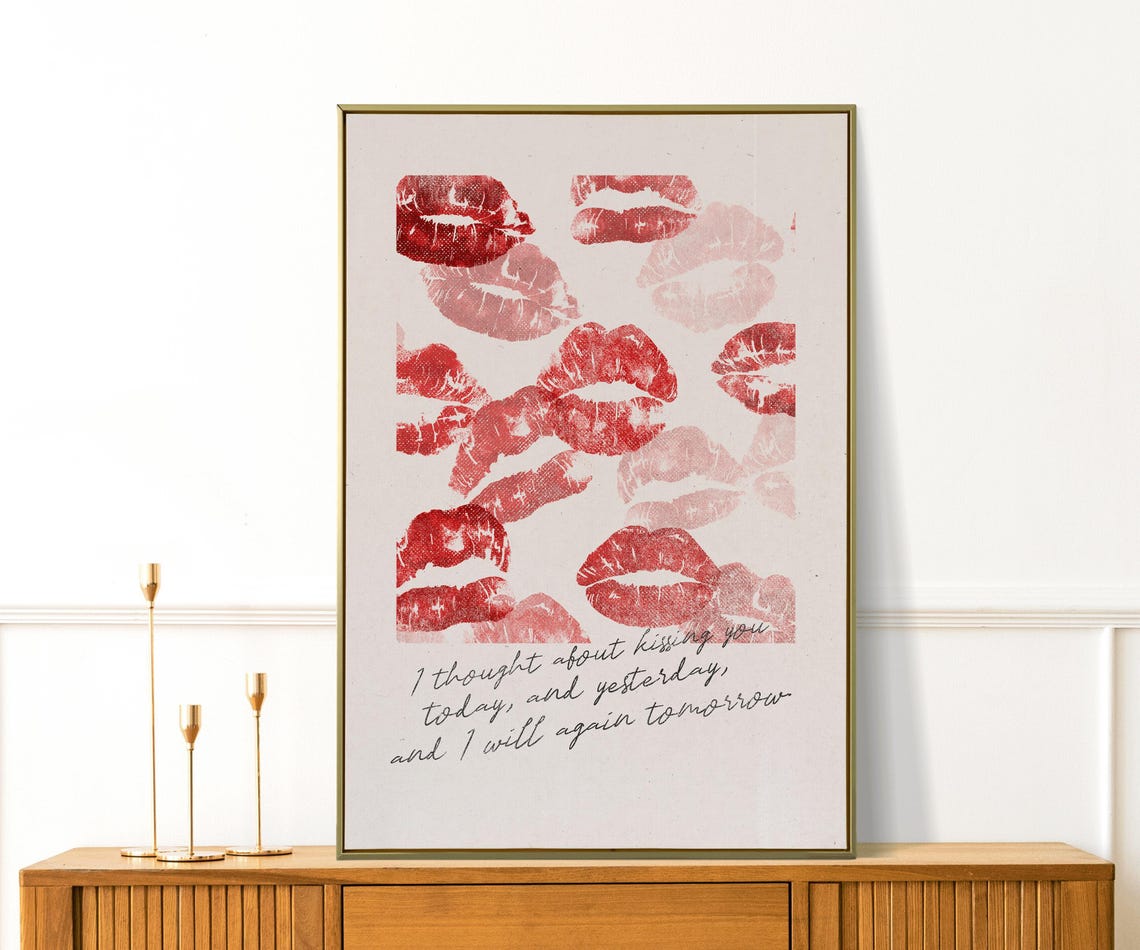 Thought About Kissing You Red Lipstick Kiss Marks Romantic Poster