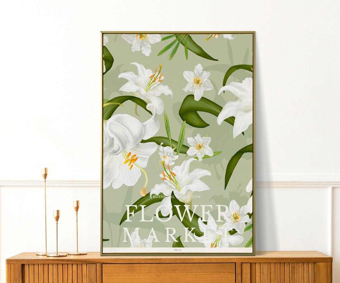 White Lily Flower Market No 11 Sage Green Botanical Art Poster