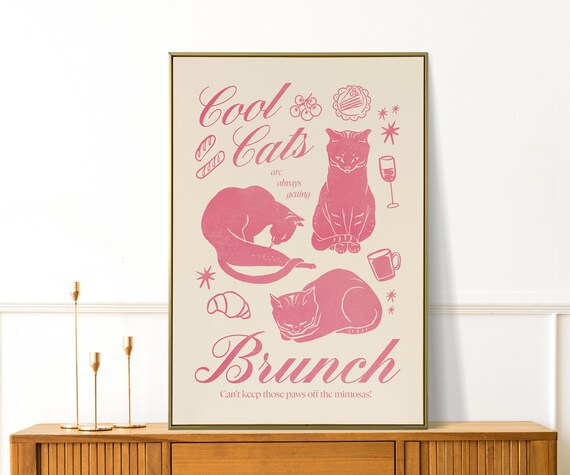 Cool Cats Brunch Pink Funny Cat Retro Mimosa Kitchen Wall Poster